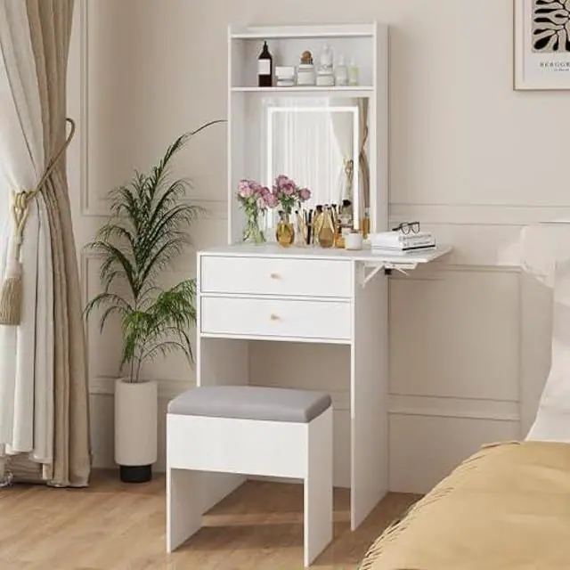 Main image of ARTETHYS Small Vanity Desk Set with 3 Adjustable Lighted Mirror and Storage Chair Mini Makeup Vanities Set for Compact Space White Dressing Table with Fold-up Panel for Bedroom