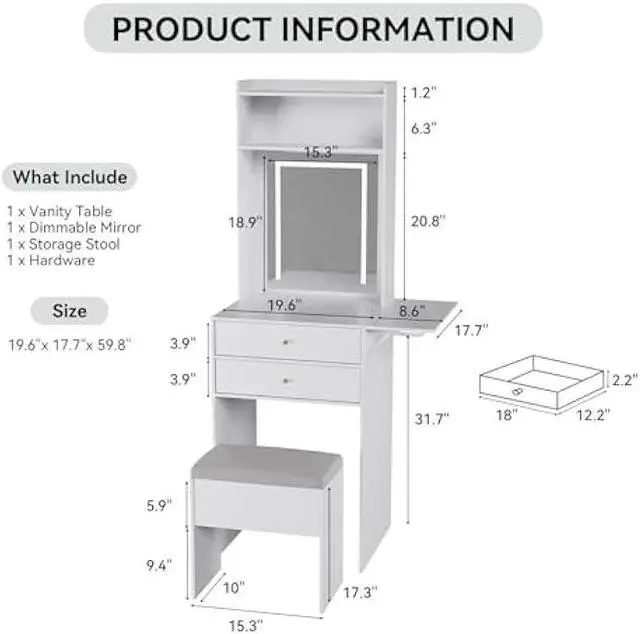 Alt view image 2 of 5 - ARTETHYS Small Vanity Desk Set with 3 Adjustable Lighted Mirror and Storage Chair Mini Makeup Vanities Set for Compact Space White Dressing Table with Fold-up Panel for Bedroom