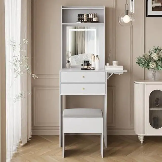 Alt view image 3 of 5 - ARTETHYS Small Vanity Desk Set with 3 Adjustable Lighted Mirror and Storage Chair Mini Makeup Vanities Set for Compact Space White Dressing Table with Fold-up Panel for Bedroom