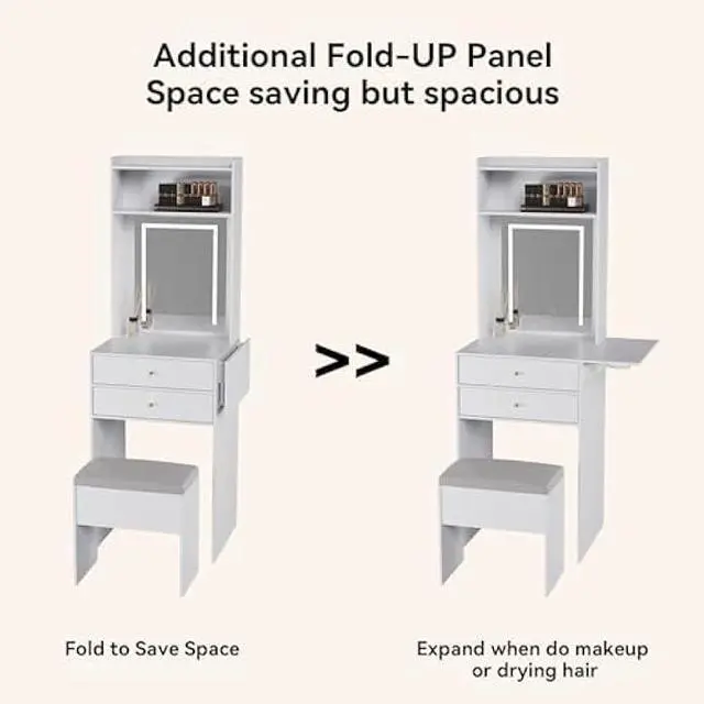 Alt view image 4 of 5 - ARTETHYS Small Vanity Desk Set with 3 Adjustable Lighted Mirror and Storage Chair Mini Makeup Vanities Set for Compact Space White Dressing Table with Fold-up Panel for Bedroom