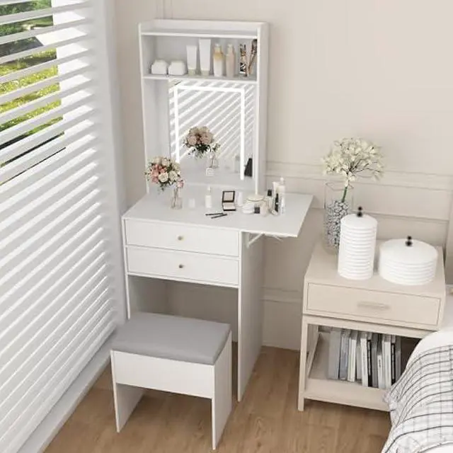 Alt view image 5 of 5 - ARTETHYS Small Vanity Desk Set with 3 Adjustable Lighted Mirror and Storage Chair Mini Makeup Vanities Set for Compact Space White Dressing Table with Fold-up Panel for Bedroom