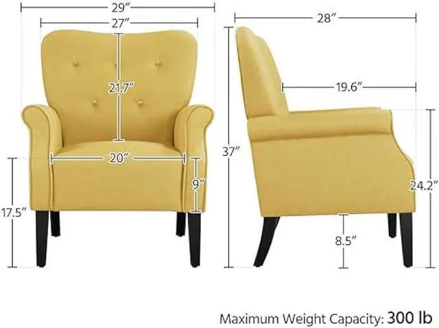 Alt view image 3 of 5 - Yaheetech Modern Armchair, Mid Century Accent Chair with Sturdy Wood Legs and High Back for Small Space, Upholstered Fabric Sofa Club Chair for Living Room/Bedroom/Office, Set of 2, Yellow