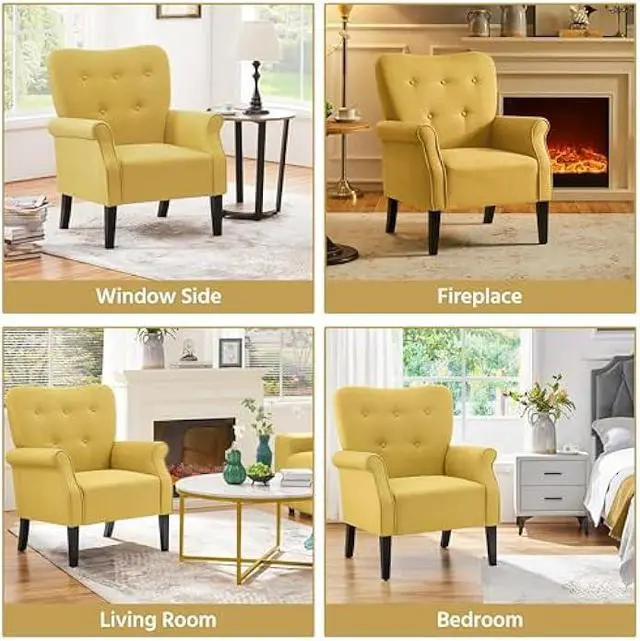 Alt view image 4 of 5 - Yaheetech Modern Armchair, Mid Century Accent Chair with Sturdy Wood Legs and High Back for Small Space, Upholstered Fabric Sofa Club Chair for Living Room/Bedroom/Office, Set of 2, Yellow