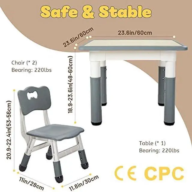 Alt view image 2 of 5 - FUNLIO Kids Table and 2 Chairs Set, Height Adjustable Toddler Table and Chair Set for Ages 3-8, Easy to Wipe Arts & Crafts Table, for Classrooms/Daycares/Homes, CPC & CE Approved (3pcs Set) - Gray
