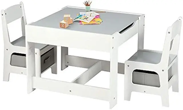 Main image of Kinder King Kids Wood Table & 2 Chairs Set, 3 in 1 Children Activity Table w/Storage, Removable Tabletop, Blackboard, 3-Piece Toddler Furniture Set for Art, Crafts, Drawing, Reading, Playroom, Grey