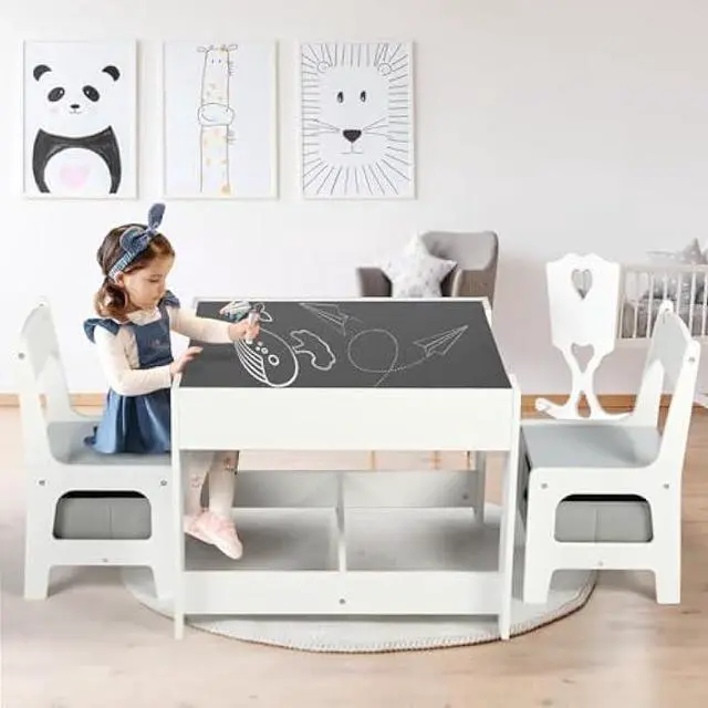 Alt view image 2 of 5 - Kinder King Kids Wood Table & 2 Chairs Set, 3 in 1 Children Activity Table w/Storage, Removable Tabletop, Blackboard, 3-Piece Toddler Furniture Set for Art, Crafts, Drawing, Reading, Playroom, Grey