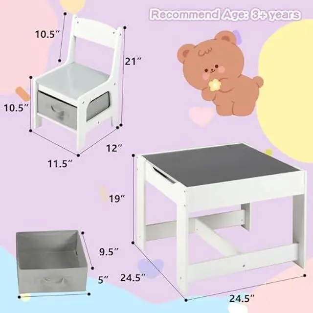 Alt view image 3 of 5 - Kinder King Kids Wood Table & 2 Chairs Set, 3 in 1 Children Activity Table w/Storage, Removable Tabletop, Blackboard, 3-Piece Toddler Furniture Set for Art, Crafts, Drawing, Reading, Playroom, Grey