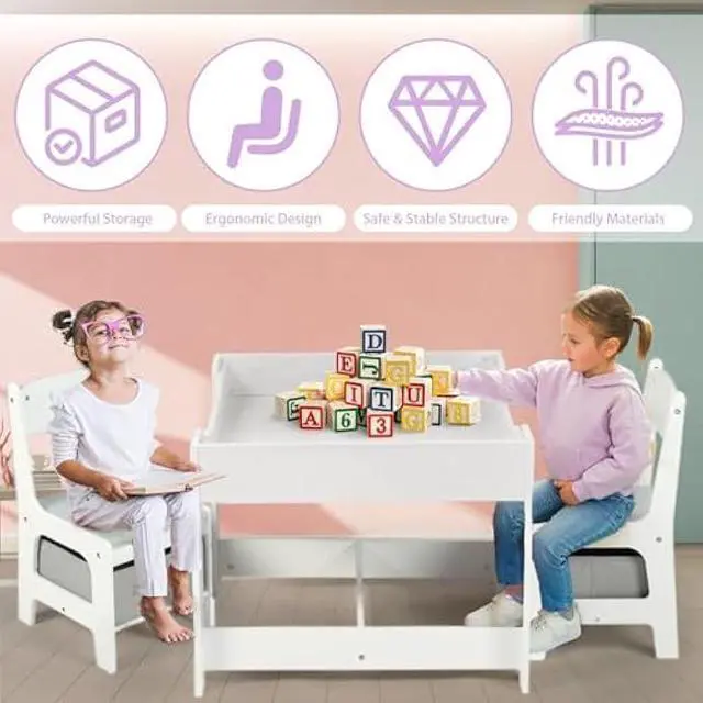 Alt view image 5 of 5 - Kinder King Kids Wood Table & 2 Chairs Set, 3 in 1 Children Activity Table w/Storage, Removable Tabletop, Blackboard, 3-Piece Toddler Furniture Set for Art, Crafts, Drawing, Reading, Playroom, Grey