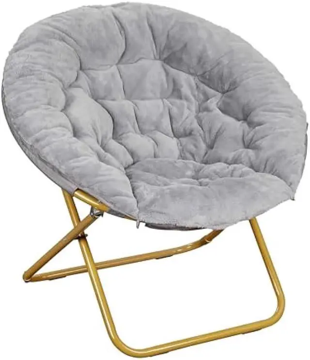 Main image of Flash Furniture Gwen Oversize Folding Saucer Chair - Gray Faux Fur Moon Chair - Soft Gold Metal Frame - 38 Portable Folding Chair - For Dorm and Bedroom
