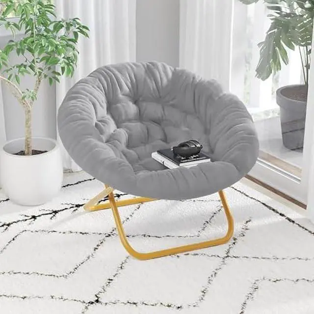 Alt view image 2 of 5 - Flash Furniture Gwen Oversize Folding Saucer Chair - Gray Faux Fur Moon Chair - Soft Gold Metal Frame - 38 Portable Folding Chair - For Dorm and Bedroom