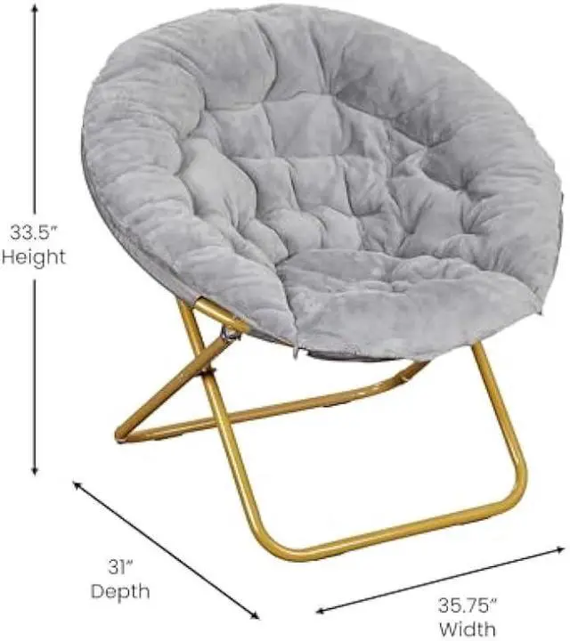 Alt view image 3 of 5 - Flash Furniture Gwen Oversize Folding Saucer Chair - Gray Faux Fur Moon Chair - Soft Gold Metal Frame - 38 Portable Folding Chair - For Dorm and Bedroom