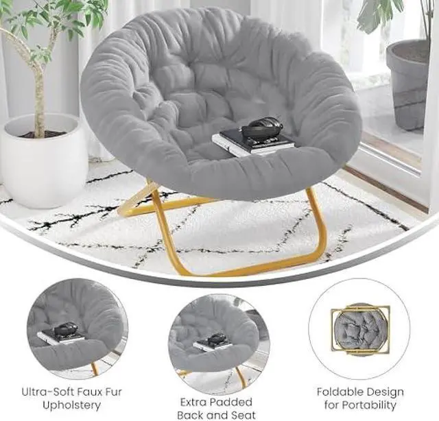 Alt view image 4 of 5 - Flash Furniture Gwen Oversize Folding Saucer Chair - Gray Faux Fur Moon Chair - Soft Gold Metal Frame - 38 Portable Folding Chair - For Dorm and Bedroom