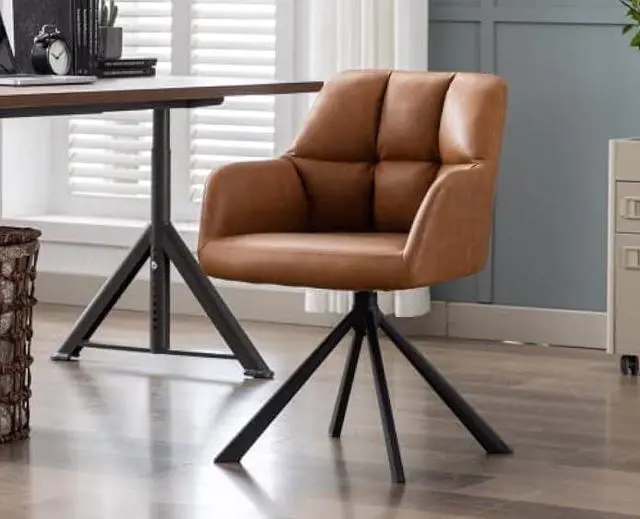 Main image of EALSON Comfy Leather Desk Chair Modern Computer Task Chair no Wheels Swivel Accent Chair with Mid Back Arm Chair for Living Room/Bedroom/Home Office, PU Brown