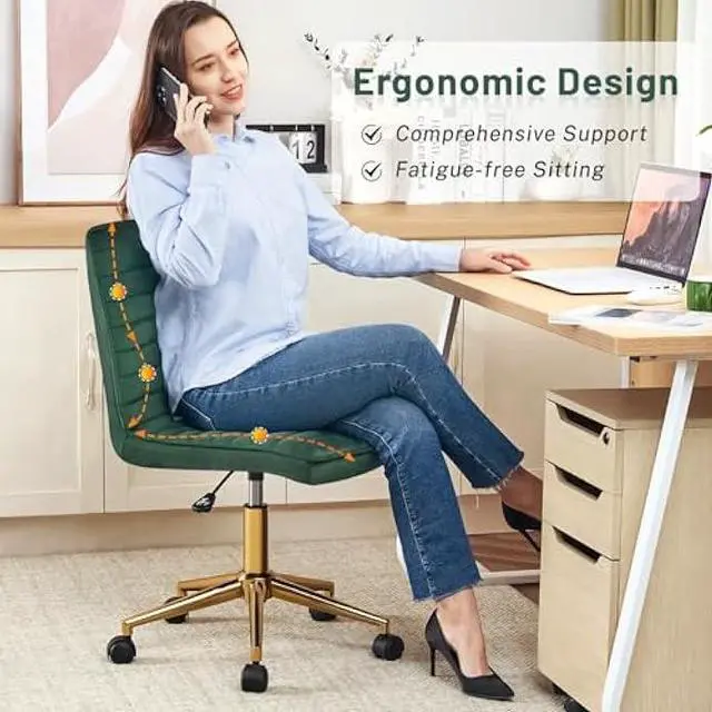 Alt view image 2 of 4 - Furniliving Velvet Home Office Chair, Armless Vanity Desk Task Chair with Wheels 360° Swivel Computer Rolling Desk Chair with Back, Adjustable Accent Chair with Gold Metal Base Stool Chair (DarkGreen)