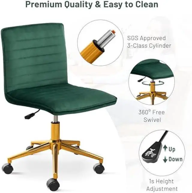 Alt view image 4 of 4 - Furniliving Velvet Home Office Chair, Armless Vanity Desk Task Chair with Wheels 360° Swivel Computer Rolling Desk Chair with Back, Adjustable Accent Chair with Gold Metal Base Stool Chair (DarkGreen)
