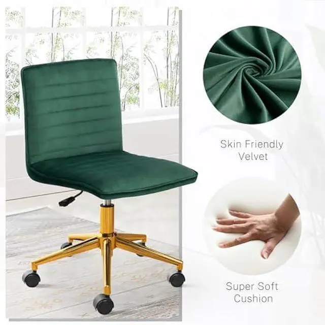 Alt view image 3 of 4 - Furniliving Velvet Home Office Chair, Armless Vanity Desk Task Chair with Wheels 360° Swivel Computer Rolling Desk Chair with Back, Adjustable Accent Chair with Gold Metal Base Stool Chair (DarkGreen)