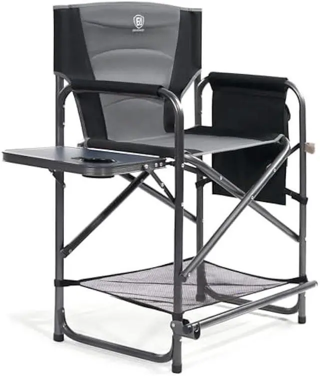 Main image of EVER ADVANCED Medium Tall Directors Chair Foldable Makeup Artist Chair Bar Height with Side Table Cup Holder and Storage Bag Footrest, Supports 350LBS (Grey, Seat Height: 23.2 inches)