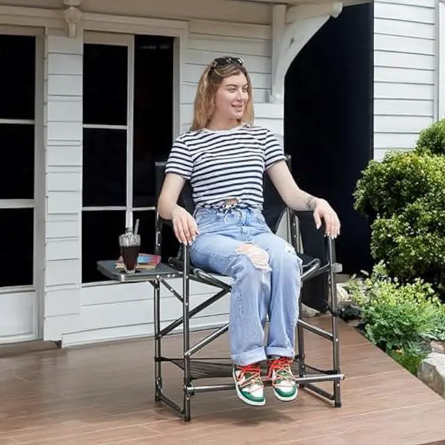 Alt view image 2 of 4 - EVER ADVANCED Medium Tall Directors Chair Foldable Makeup Artist Chair Bar Height with Side Table Cup Holder and Storage Bag Footrest, Supports 350LBS (Grey, Seat Height: 23.2 inches)