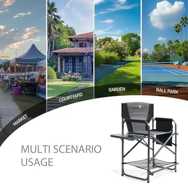 Alt view image 4 of 4 - EVER ADVANCED Medium Tall Directors Chair Foldable Makeup Artist Chair Bar Height with Side Table Cup Holder and Storage Bag Footrest, Supports 350LBS (Grey, Seat Height: 23.2 inches)