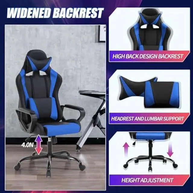 Alt view image 3 of 4 - Gaming Chair, Computer Racing Chair Ergonomic Office Chair Video Game Chairs for Adult Kids Teen Height Adjustable Reclining Chair with Lumbar Support Armrest Headrest Swivel Chair Game Chair, Blue