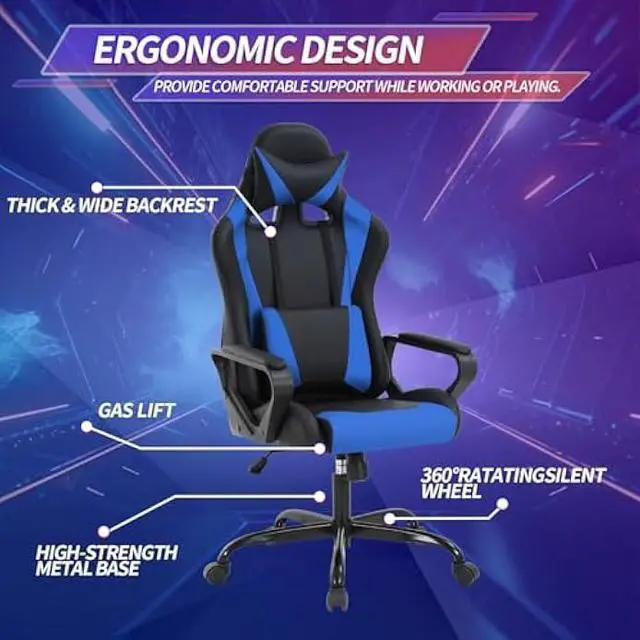 Alt view image 4 of 4 - Gaming Chair, Computer Racing Chair Ergonomic Office Chair Video Game Chairs for Adult Kids Teen Height Adjustable Reclining Chair with Lumbar Support Armrest Headrest Swivel Chair Game Chair, Blue