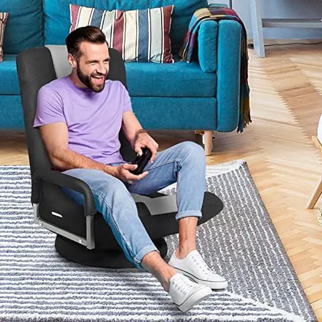 Alt view image 2 of 4 - Giantex Floor Gaming Chair, 360 Degree Swivel Floor Chair with Armrests, 6 Adjustable Position, Padded Backrest, Folding Floor Chair Rocker for Games, Lazy Sofa Lounger, Gaming Chair Floor, Black/Gray