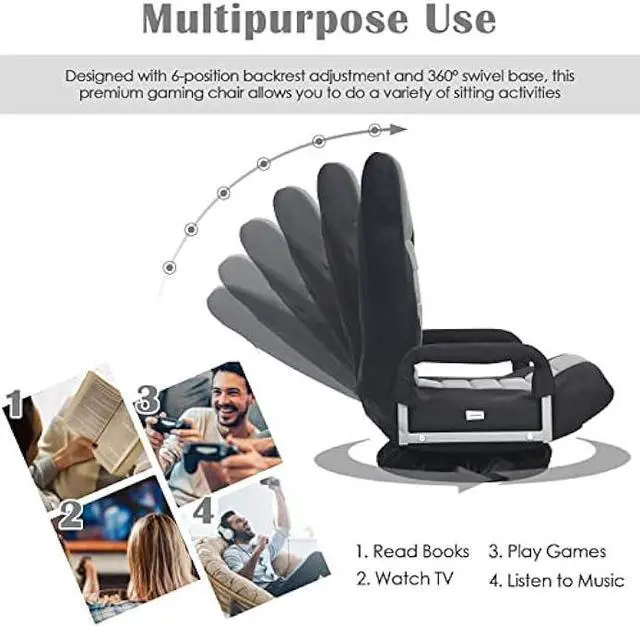 Alt view image 3 of 4 - Giantex Floor Gaming Chair, 360 Degree Swivel Floor Chair with Armrests, 6 Adjustable Position, Padded Backrest, Folding Floor Chair Rocker for Games, Lazy Sofa Lounger, Gaming Chair Floor, Black/Gray