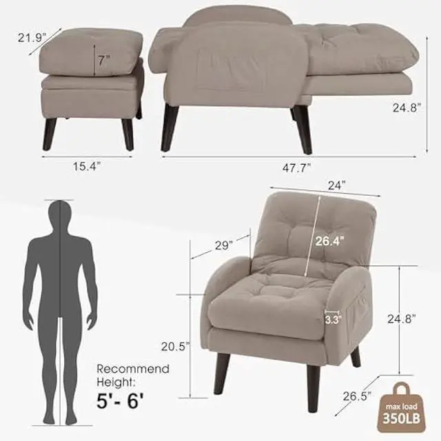 Alt view image 2 of 5 - ELUCHANG Accent Chairs with Ottoman, Upholstered Comfy Armchair with Adjustable Backrest&Storage Footrest, Lazy Chair Reading Chair Leisure Sofa Recliner for Living Room Bedroom (Light Grey - Linen)