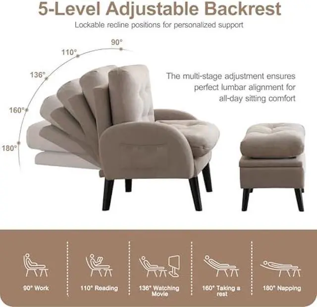 Alt view image 3 of 5 - ELUCHANG Accent Chairs with Ottoman, Upholstered Comfy Armchair with Adjustable Backrest&Storage Footrest, Lazy Chair Reading Chair Leisure Sofa Recliner for Living Room Bedroom (Light Grey - Linen)