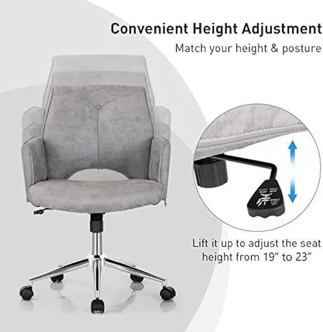 Alt view image 4 of 5 - COSTWAY Ergonomic Home Office Chair, Height-Adjustable Leather-Like Computer Desk Chair w/Rolling Casters & Armrests, Upholstered Mid-Back Swivel Accent Chair for Home, Office, Study, Grey