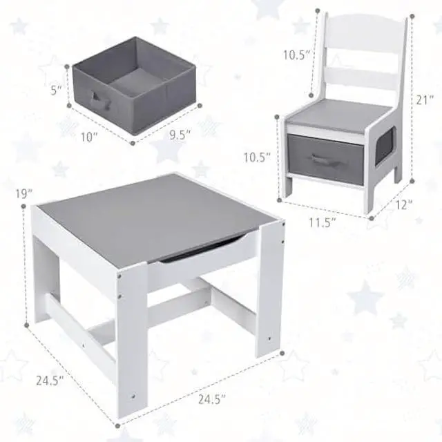 Alt view image 3 of 5 - Costzon Kids Table and Chair Set, 3 in 1 Wooden Activity Table with Storage Drawer, Detachable Tabletop for Children Drawing Reading Art Craft, Playroom, Nursery, Toddler Table and Chair Set, Gray