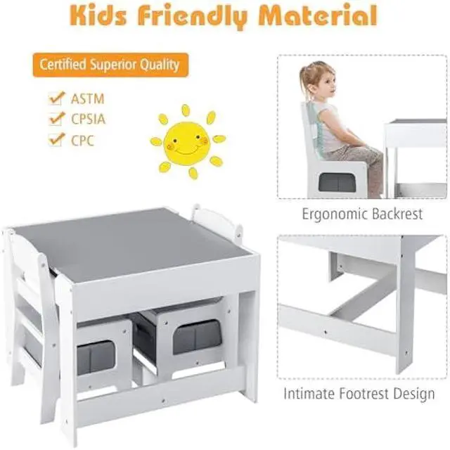 Alt view image 5 of 5 - Costzon Kids Table and Chair Set, 3 in 1 Wooden Activity Table with Storage Drawer, Detachable Tabletop for Children Drawing Reading Art Craft, Playroom, Nursery, Toddler Table and Chair Set, Gray