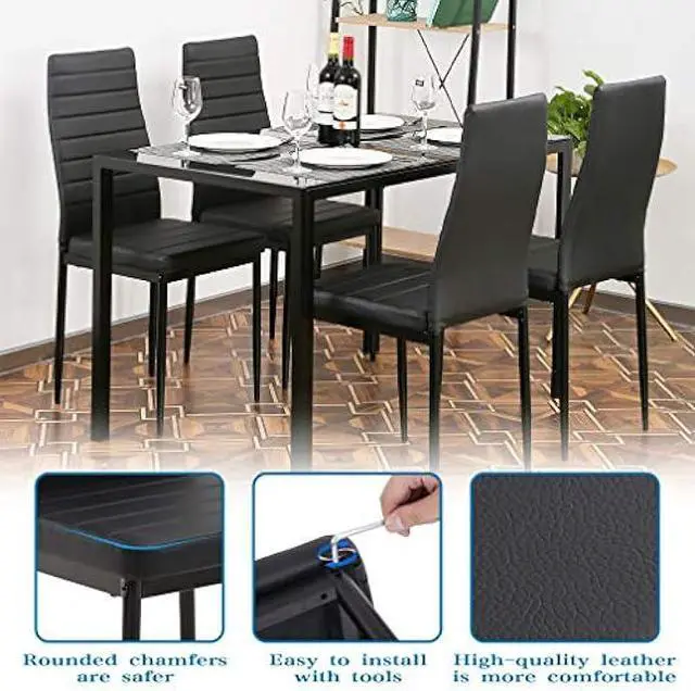Alt view image 5 of 5 - FDW | 5-Piece Dining Table Set | Black | Glass Kitchen Table with 4 Upholstered Chairs and Faux Leather Cushions | Space-Saving and Modern Design | for Dining Room, Easy to Assemble