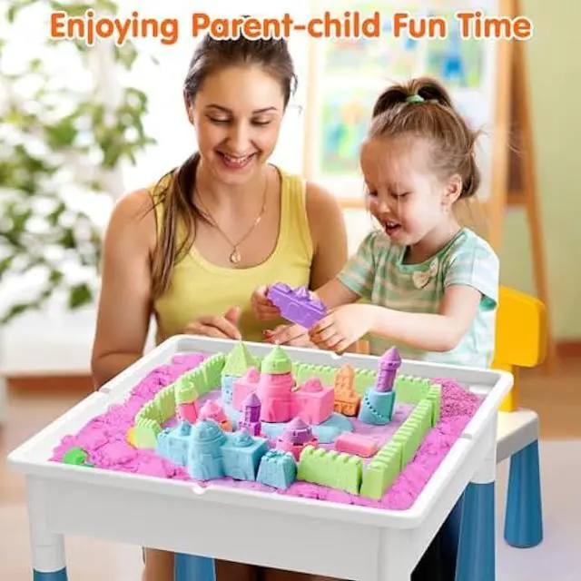 Alt view image 2 of 5 - Arscniek Toddlers Activity Table 7 in 1 Kids Activity Tables and Chair Set with 152Pcs Large Marble Run Building Blocks, Sand/Water Tables, Kids Learning Play Table Toys for Girls Boys Toddler Age 3-7