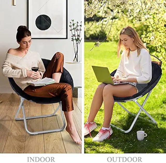 Alt view image 3 of 5 - SUPER DEAL Folding Saucer Chair, Adults Kids Portable Faux Fur Round Chair for Living Room Dorm Room Apartment, Black