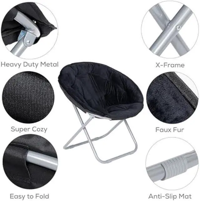 Alt view image 5 of 5 - SUPER DEAL Folding Saucer Chair, Adults Kids Portable Faux Fur Round Chair for Living Room Dorm Room Apartment, Black