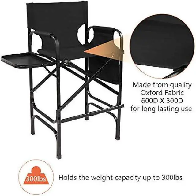 Alt view image 3 of 5 - mefeir 30 Tall Directors Chair Black Folding with Side Table Storage Bag,Portable Makeup Artist Bar Height, Aluminum Frame 300 lbs Capacity, 19.2 D x 23.6 W x 45.6 H
