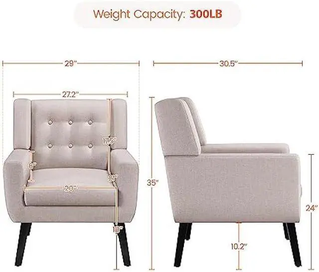 Alt view image 2 of 5 - Yaheetech Accent Chair, Modern Button Tufted Armchair, Linen Fabric Sofa Chairs for Living Room Bedroom, Mid-Century Comfy Reading Chair, Beige