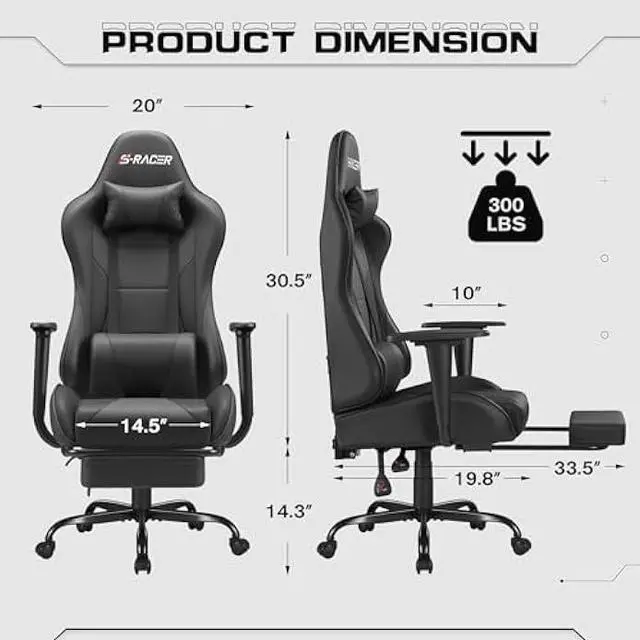 Alt view image 3 of 5 - Homall Gaming Chairs, Computer Chair with Footrest and Massage Lumbar Support, Height Adjustable Game Chair with Headrest and Swivel Seat (Black)