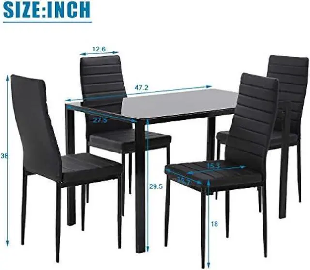 Alt view image 2 of 5 - FDW | 5-Piece Dining Table Set | Black | Glass Kitchen Table with 4 Upholstered Chairs and Faux Leather Cushions | Space-Saving and Modern Design | for Dining Room, Easy to Assemble