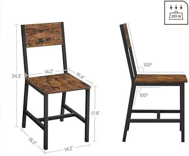 Alt view image 2 of 5 - VASAGLE Dining Chair Set of 2, Rustic Wood Chairs with Metal Steel Frame, Easy to Assemble, Comfortable Seat, Modern Farmhouse Chair for Kitchen, Bedroom, Living Room, Rustic Brown and Ink Black