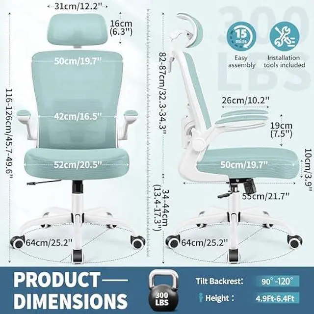 Alt view image 2 of 5 - FelixKing Ergonomic Office Chair, Headrest Desk Chair Office Chair with Adjustable Lumbar Support, Home Office Swivel Task Chair with High Back and Armrest, Adjustable Height Gaming Chair(Light Blue)