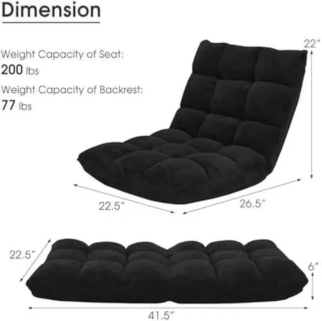 Alt view image 3 of 5 - Giantex Floor Chairs for Adults - Floor Gaming Chair with Back Support, Coral Velvet, 14 Adjustable Position, Thick Sponge Padding, Floor Seating Lounge for Reading, Watching TV, Meditation (Black)
