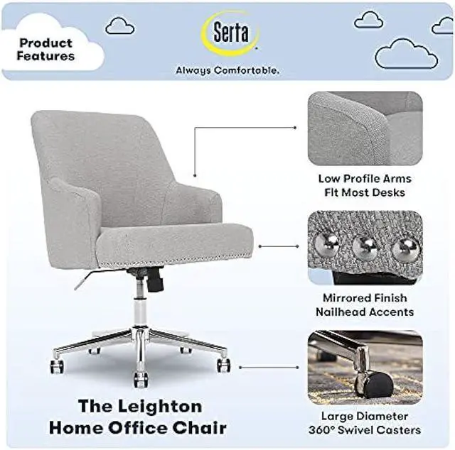 Alt view image 3 of 5 - Serta Leighton Home Office Desk Chair, Mid-Back with Chrome Nailheads, Memory Foam Cushion and Padded Arms, Mid Century Modern Vanity Armchair with Wheels, Swivel Base, Twill Fabric, Light Gray