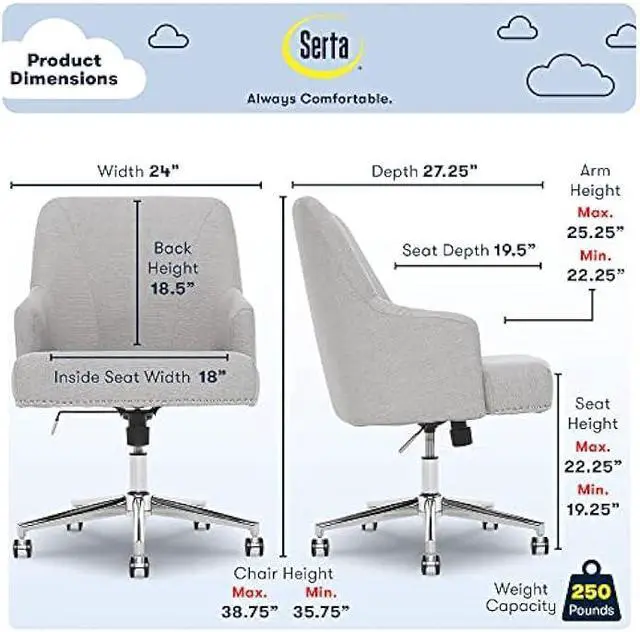 Alt view image 2 of 5 - Serta Leighton Home Office Desk Chair, Mid-Back with Chrome Nailheads, Memory Foam Cushion and Padded Arms, Mid Century Modern Vanity Armchair with Wheels, Swivel Base, Twill Fabric, Light Gray