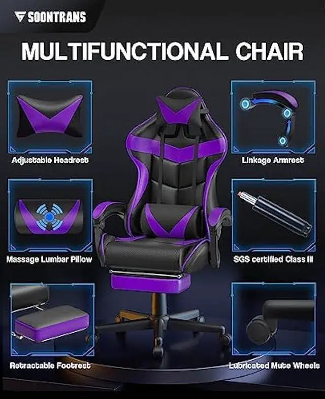 Alt view image 3 of 5 - Soontrans Purple Gaming Chair with Footrest, Ergonomic Gamer Chair, Video Game Chairs with Adjustable Headrest, Removable Lumbar Support Office Chair, Game Chairs for Adults Teens(Purple)