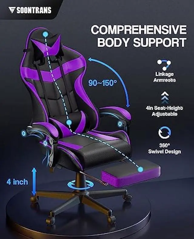 Alt view image 5 of 5 - Soontrans Purple Gaming Chair with Footrest, Ergonomic Gamer Chair, Video Game Chairs with Adjustable Headrest, Removable Lumbar Support Office Chair, Game Chairs for Adults Teens(Purple)