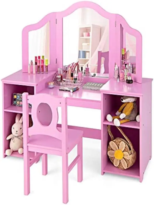 Main image of INFANS Kids Vanity, 2 in 1 Princess Makeup Desk & Chair Set with Tri-Folding Detachable Mirror, Large Storage Shelves, Wooden Pretend Play Dressing Table for Girls