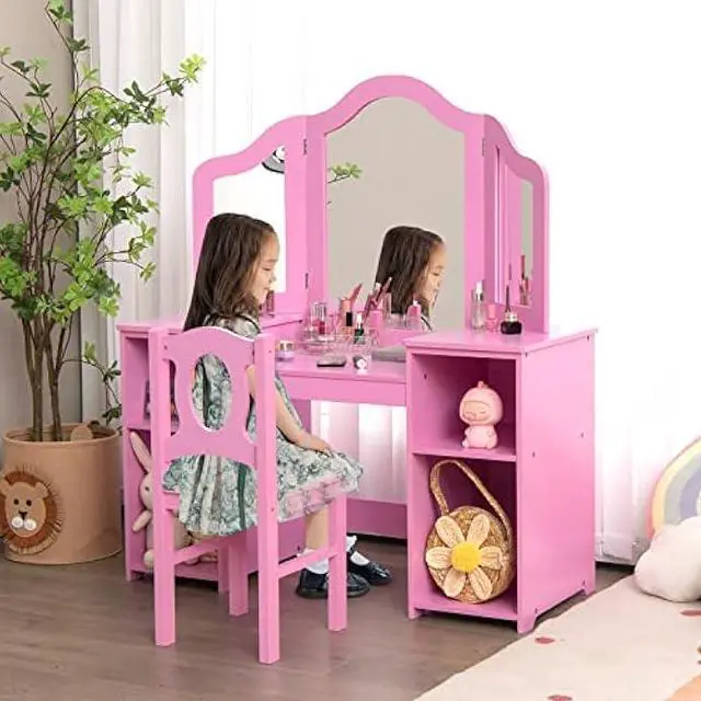 Alt view image 2 of 5 - INFANS Kids Vanity, 2 in 1 Princess Makeup Desk & Chair Set with Tri-Folding Detachable Mirror, Large Storage Shelves, Wooden Pretend Play Dressing Table for Girls