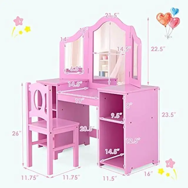 Alt view image 3 of 5 - INFANS Kids Vanity, 2 in 1 Princess Makeup Desk & Chair Set with Tri-Folding Detachable Mirror, Large Storage Shelves, Wooden Pretend Play Dressing Table for Girls